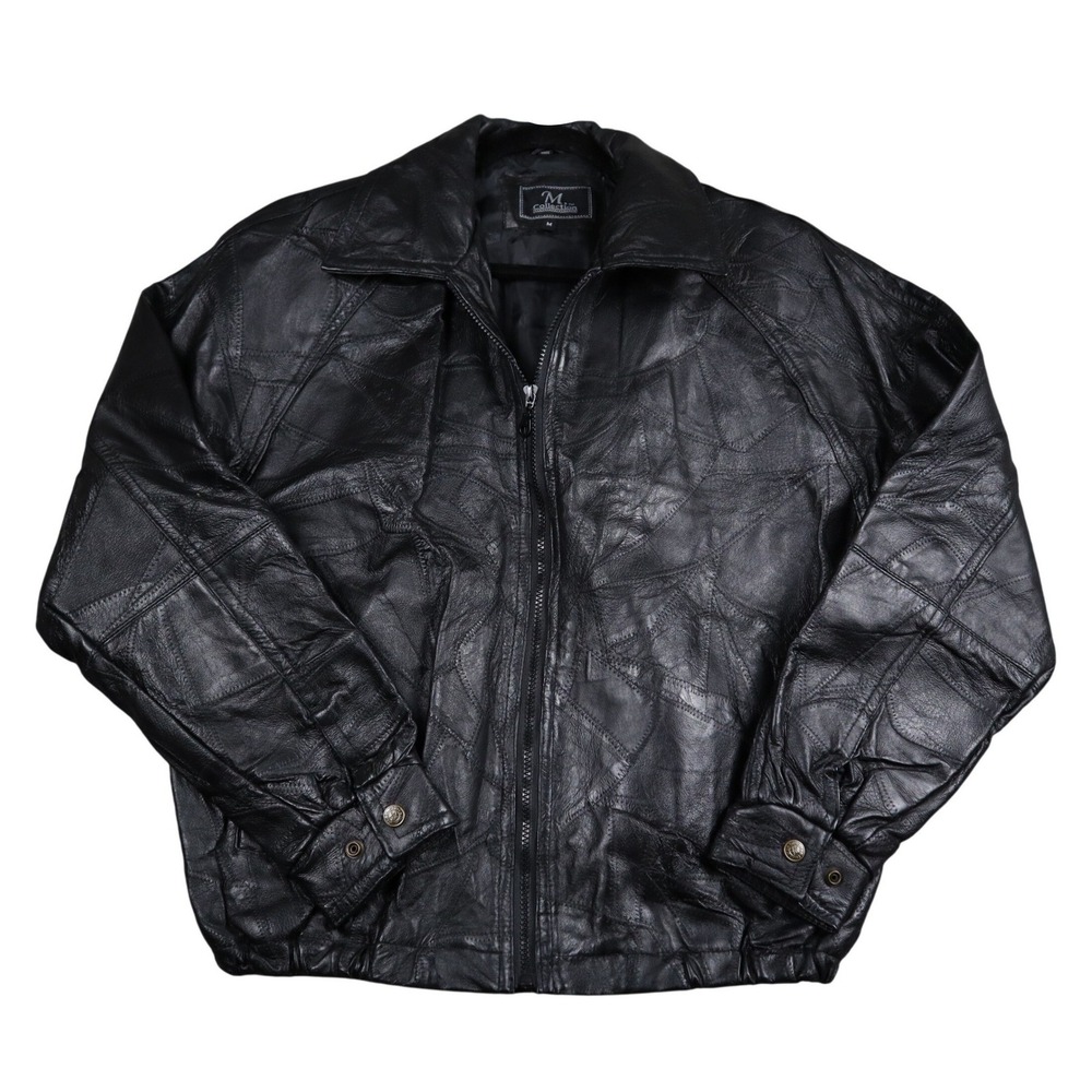 Vintage M. Collection Mens Black Patchwork‎ Genuine Leather Bomber Jacket Size M
